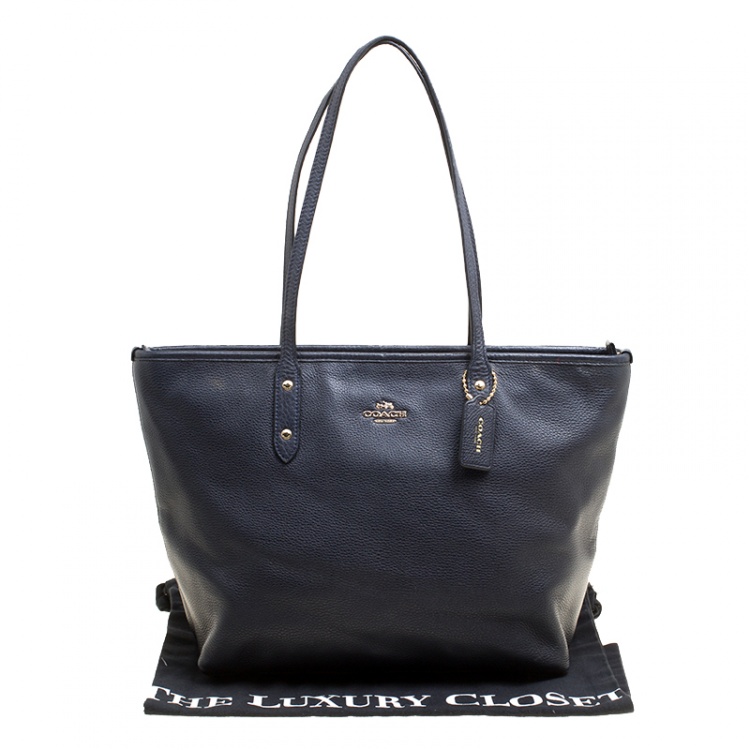 Pre Owned Coach Navy Blue Leather Shopper Tote