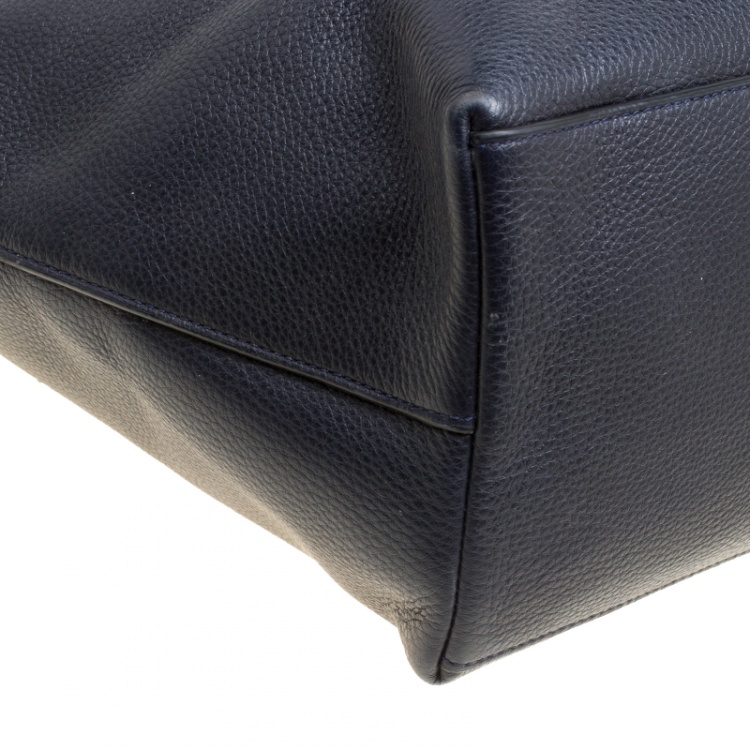 Pre Owned Coach Navy Blue Leather Shopper Tote