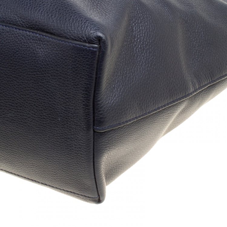 Pre Owned Coach Navy Blue Leather Shopper Tote