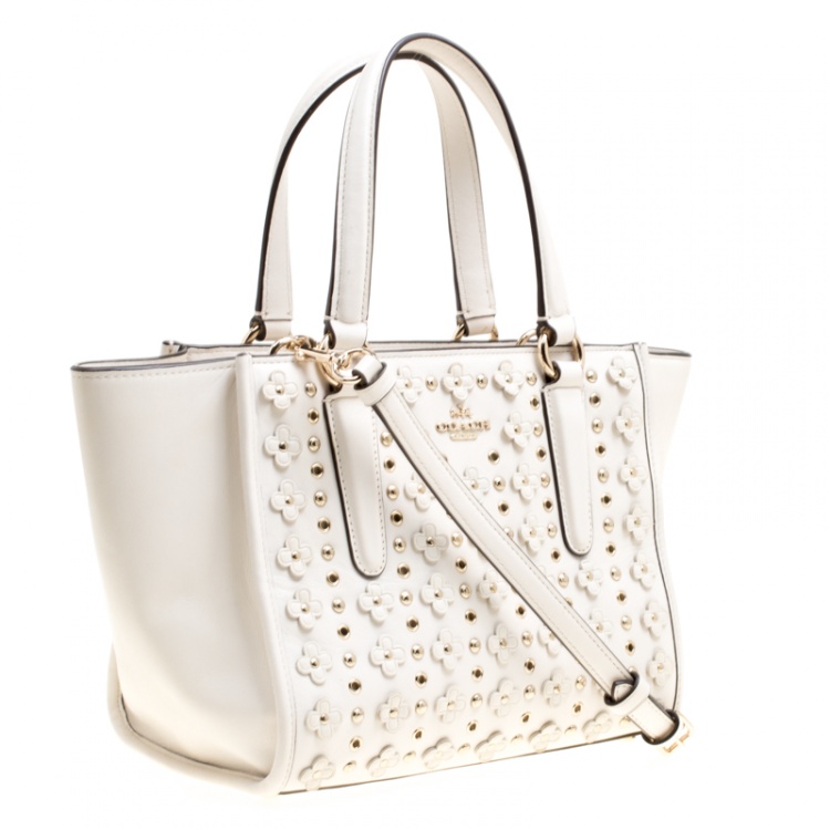 Pre Owned Coach Off White Leather Eyelet Floral Details Top Handle Bag