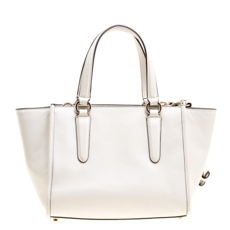 Pre Owned Coach Off White Leather Eyelet Floral Details Top Handle Bag