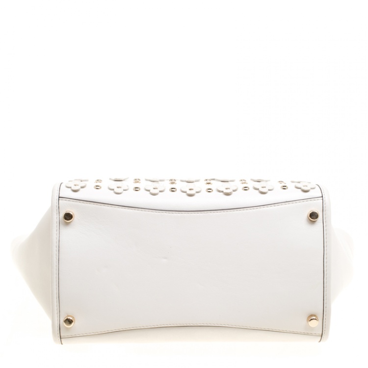 Pre Owned Coach Off White Leather Eyelet Floral Details Top Handle Bag
