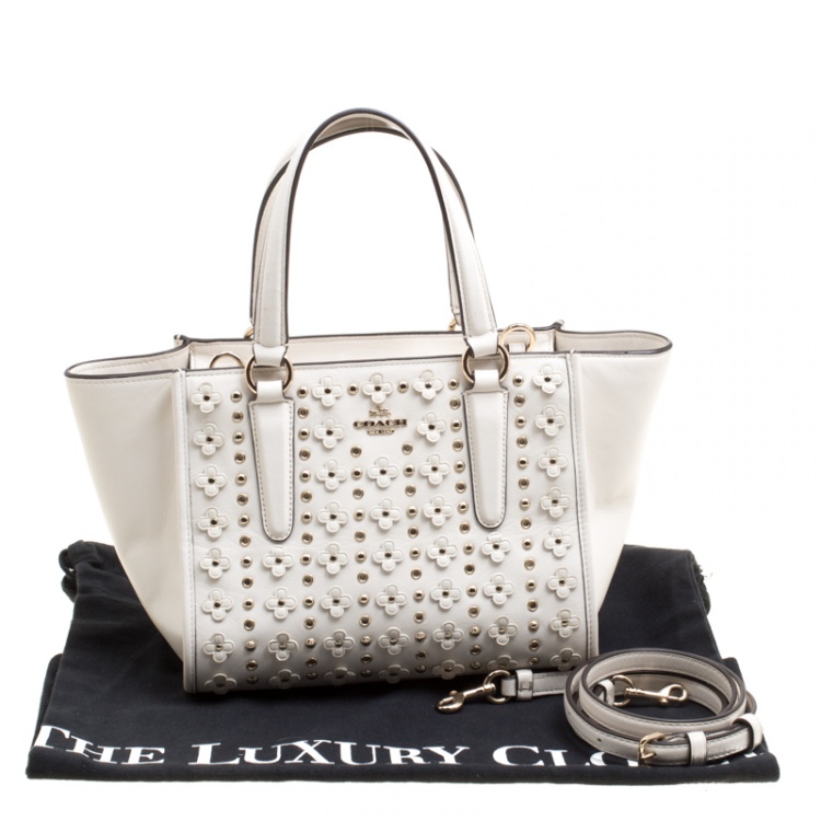 Pre Owned Coach Off White Leather Eyelet Floral Details Top Handle Bag