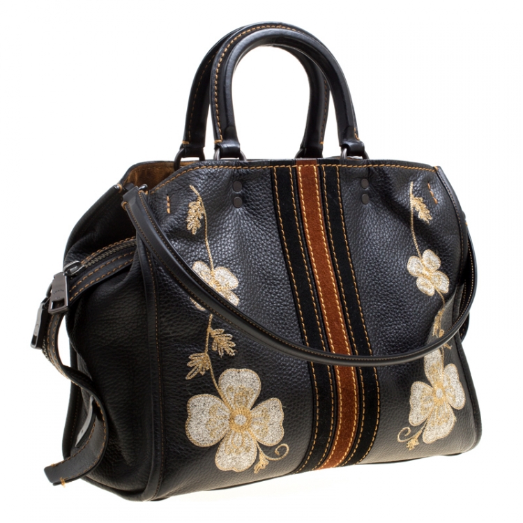 Pre Owned Coach Black Leather Embroidered Rogue Western Top Handle Shoulder Bag 