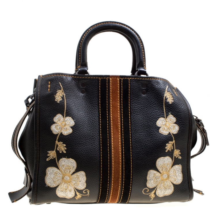 Pre Owned Coach Black Leather Embroidered Rogue Western Top Handle Shoulder Bag 