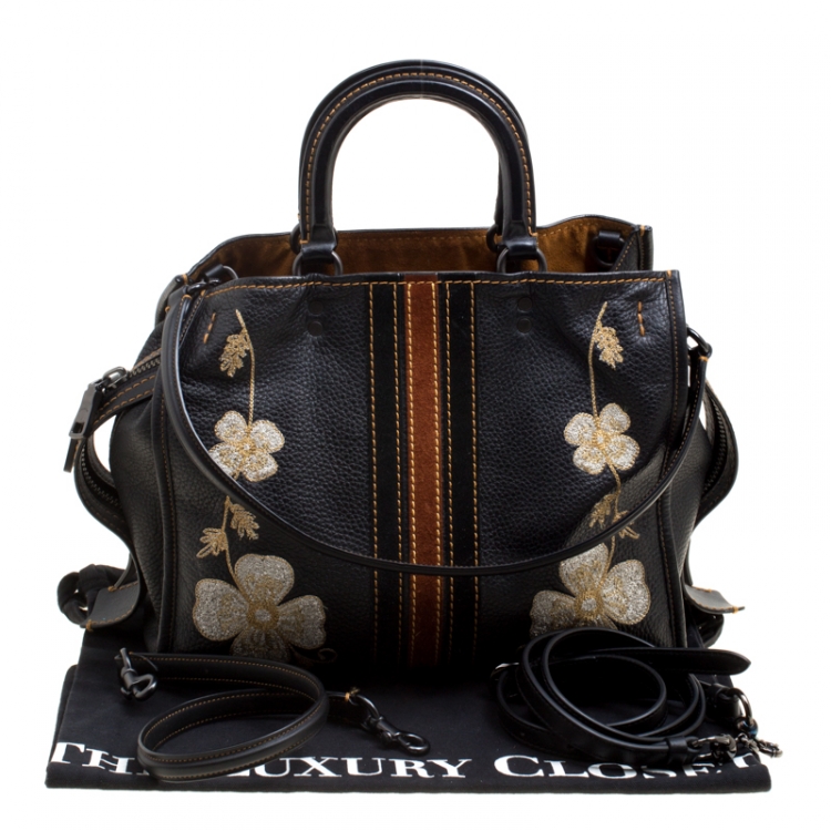 Pre Owned Coach Black Leather Embroidered Rogue Western Top Handle Shoulder Bag 