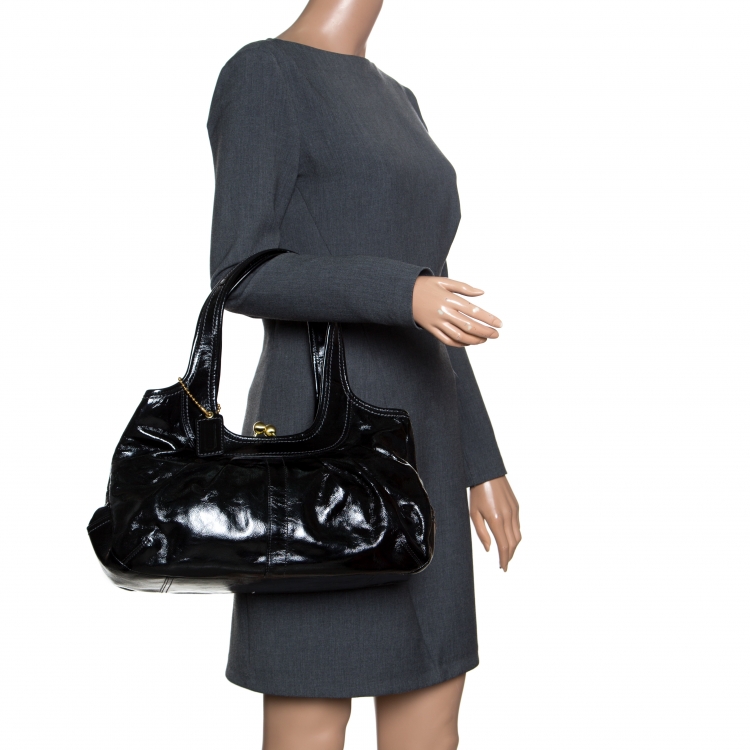 Pre Owned Coach Black Patent Leather Ergo Tattersall Pleated Satchel