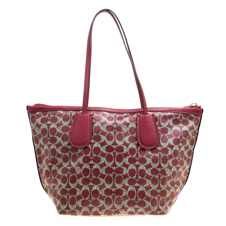 Pre Owned Coach Red Signature Coated Canvas Taxi Zip Shopping Tote