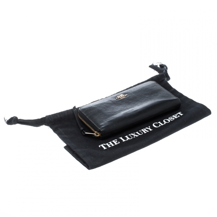 Pre Owned Coach Black Leather Zip Around Wallet 