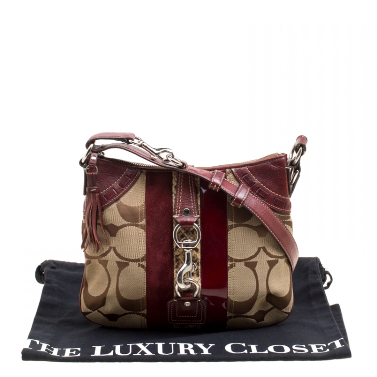 Pre Owned Coach Beige/Burgundy Signature Canvas and Leather Crossbody Bag