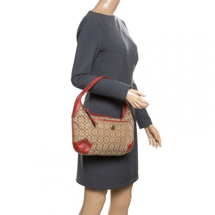 Pre Owned Coach Beige/Red Signature Canvas and Leather Hobo