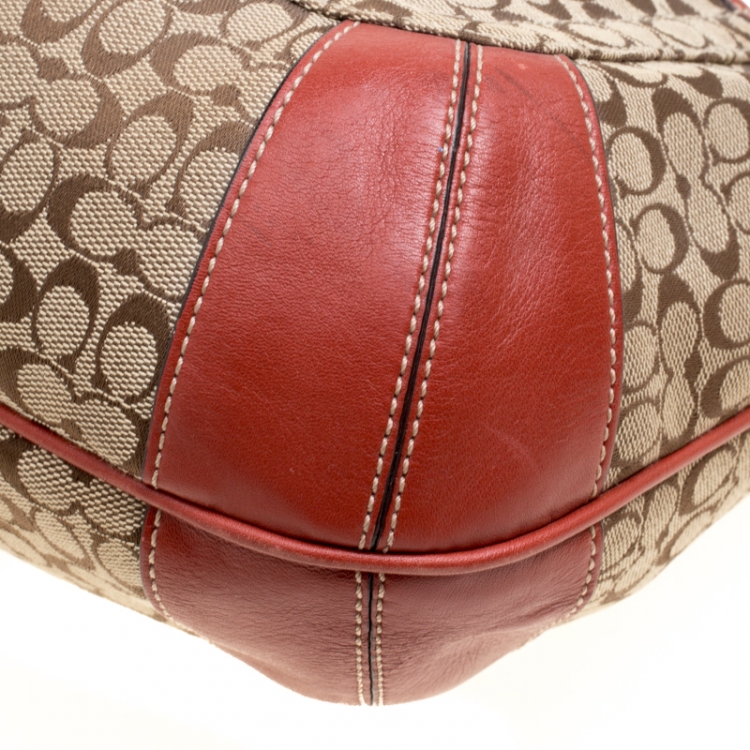 Pre Owned Coach Beige/Red Signature Canvas and Leather Hobo