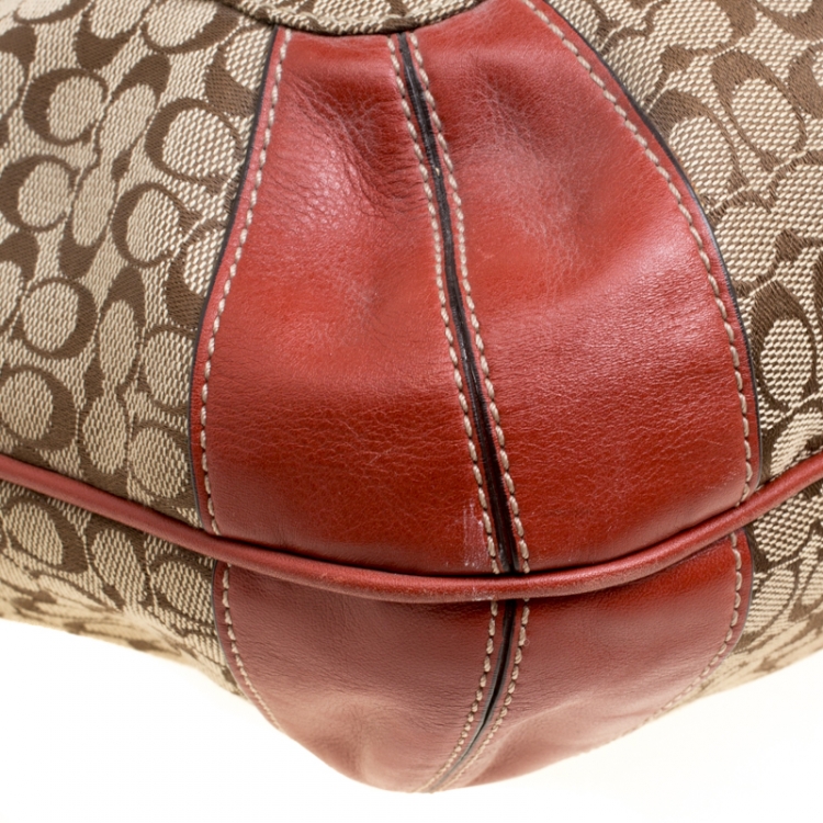 Pre Owned Coach Beige/Red Signature Canvas and Leather Hobo