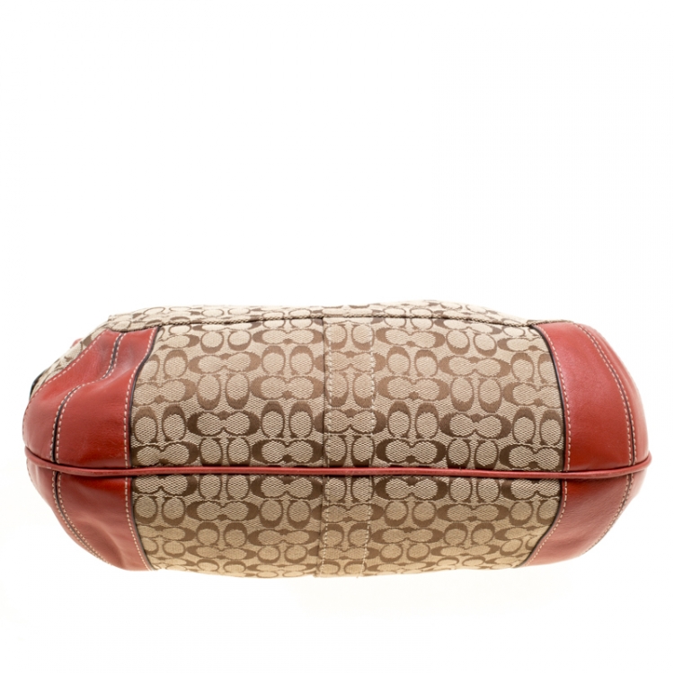 Pre Owned Coach Beige/Red Signature Canvas and Leather Hobo