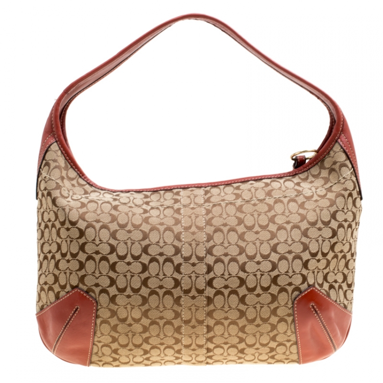 Pre Owned Coach Beige/Red Signature Canvas and Leather Hobo