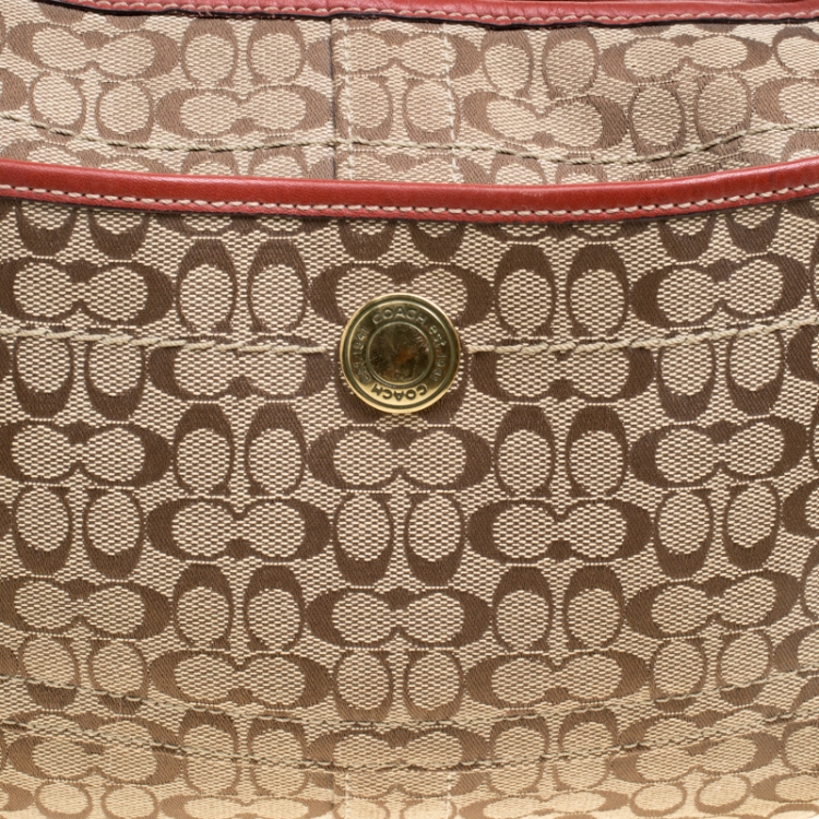 Pre Owned Coach Beige/Red Signature Canvas and Leather Hobo