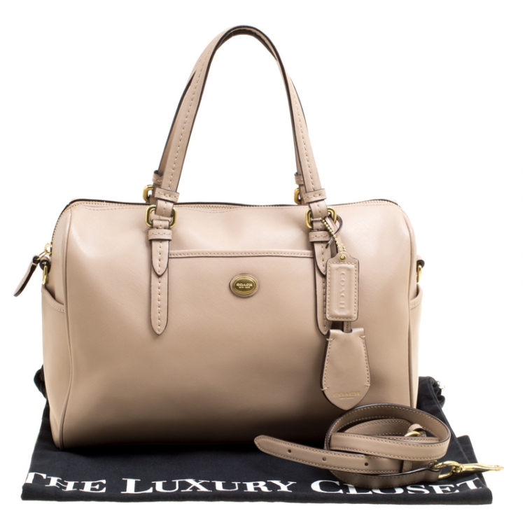 Pre Owned Coach Beige Leather Boston Bag