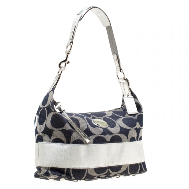 Pre Owned Coach Blue/Silver Signature Denim Shoulder Bag