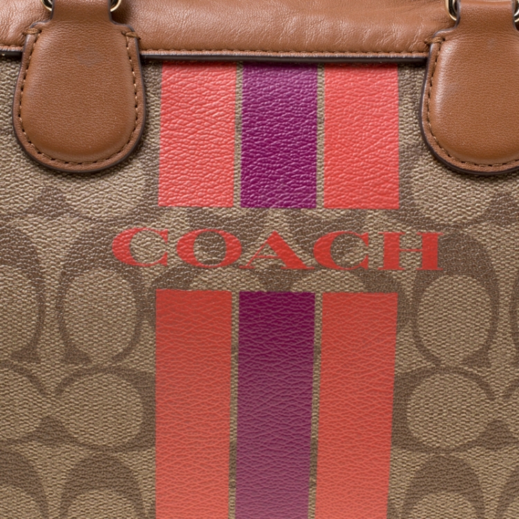 Pre Owned Coach Brown Signature Varsity Stripe Coated Canvas Mini Bennett Satchel