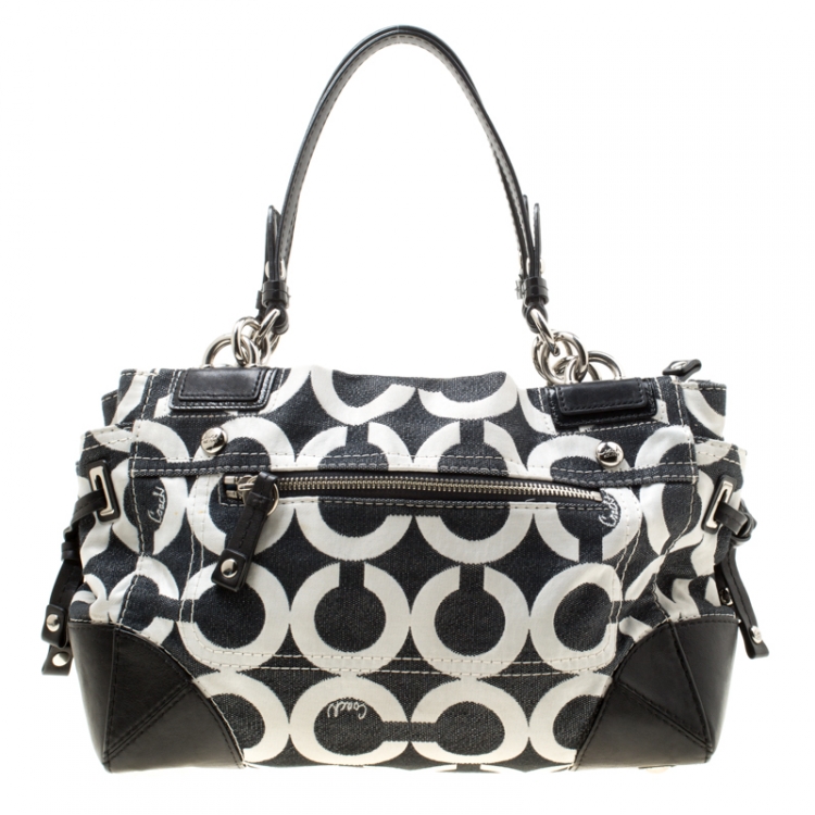 Pre Owned Coach Black/Grey Signature Canvas Peyton Satchel