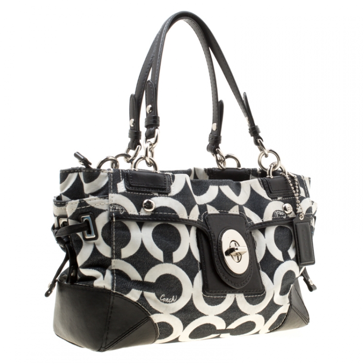 Pre Owned Coach Black/Grey Signature Canvas Peyton Satchel