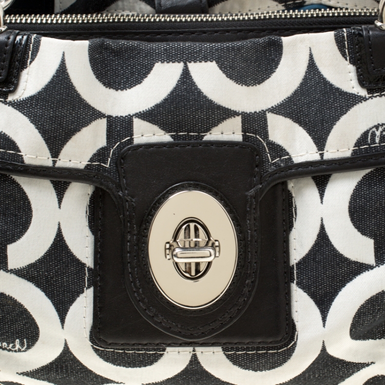 Pre Owned Coach Black/Grey Signature Canvas Peyton Satchel