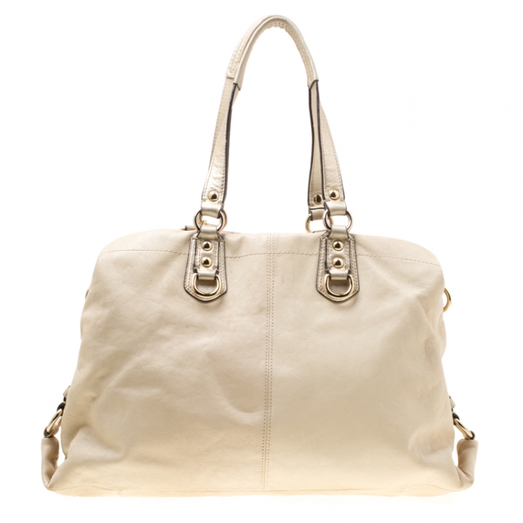 Pre Owned Coach Beige Leather Ashley Top Handle Bag