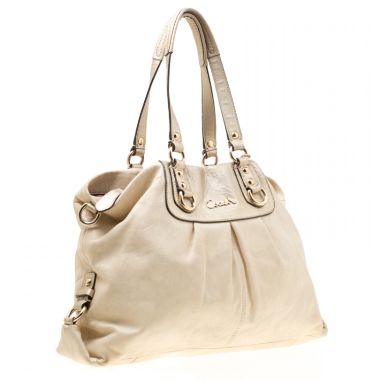 Pre Owned Coach Beige Leather Ashley Top Handle Bag