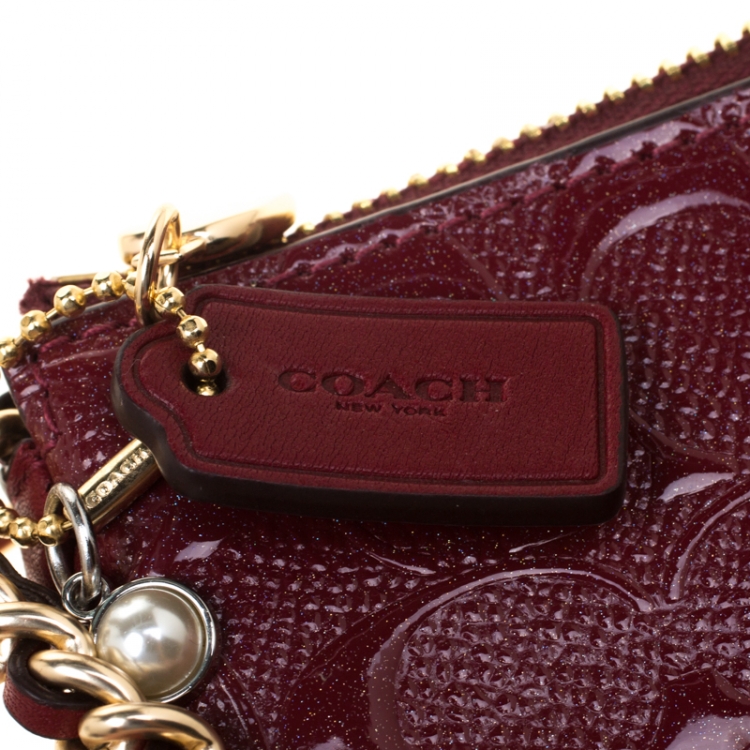 Pre Owned Coach Red Signature Embossed Patent Leather Chain Wristlet 