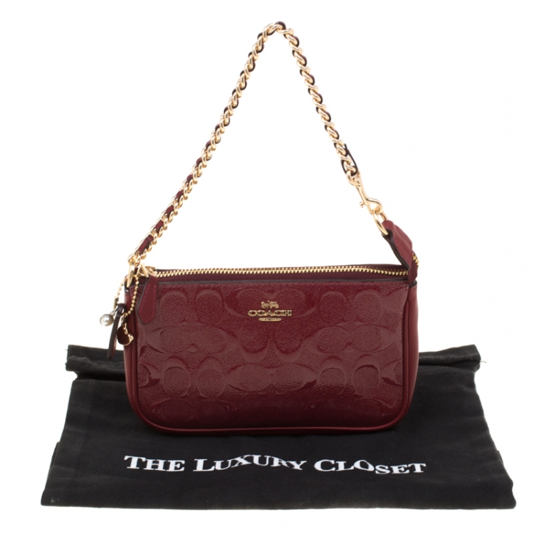 Pre Owned Coach Red Signature Embossed Patent Leather Chain Wristlet 