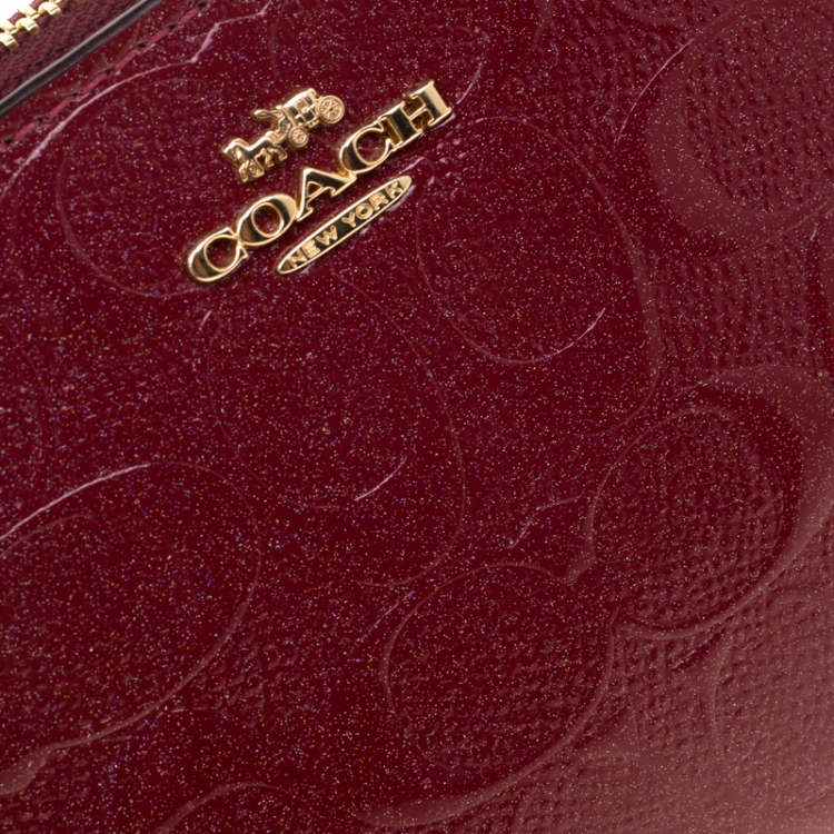 Pre Owned Coach Red Signature Embossed Patent Leather Chain Wristlet 