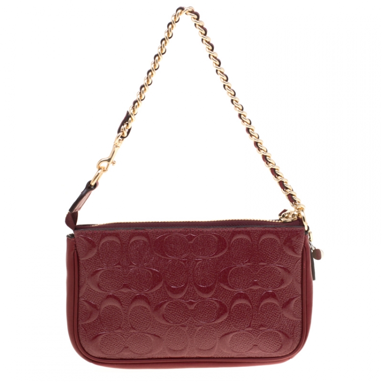 Pre Owned Coach Red Signature Embossed Patent Leather Chain Wristlet 
