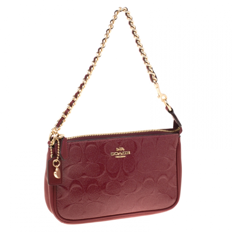 Pre Owned Coach Red Signature Embossed Patent Leather Chain Wristlet 