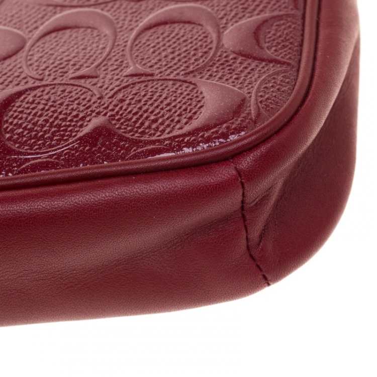 Pre Owned Coach Red Signature Embossed Patent Leather Chain Wristlet 