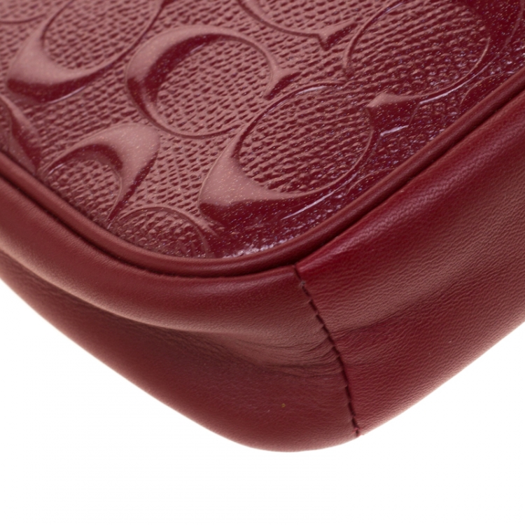 Pre Owned Coach Red Signature Embossed Patent Leather Chain Wristlet 