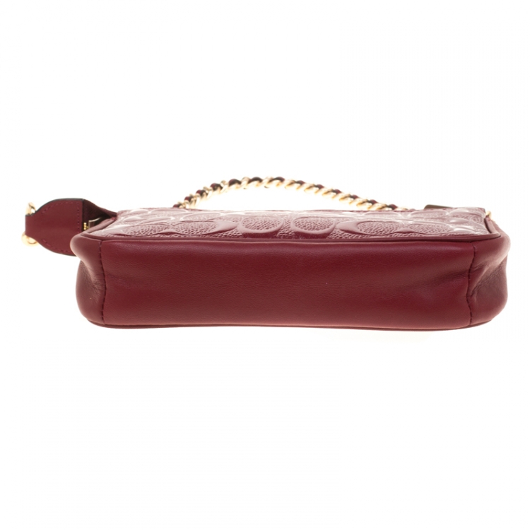 Pre Owned Coach Red Signature Embossed Patent Leather Chain Wristlet 