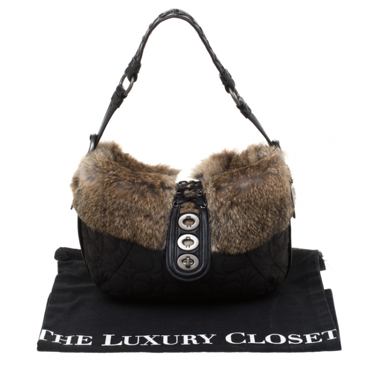 Pre Owned Coach Black/Brown Signature Nylon and Rabbit Fur Hobo