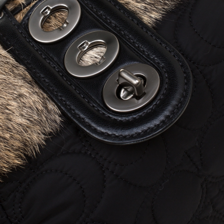 Pre Owned Coach Black/Brown Signature Nylon and Rabbit Fur Hobo