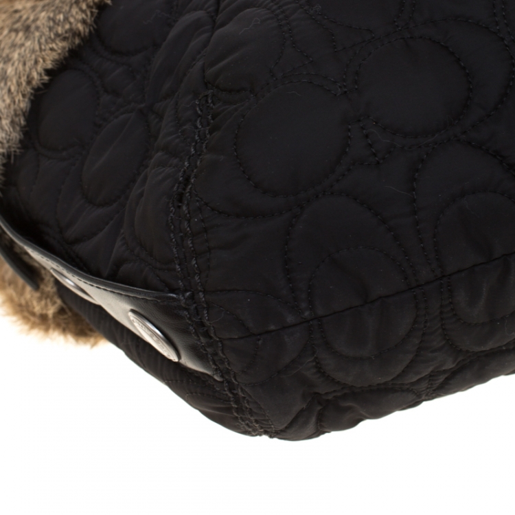 Pre Owned Coach Black/Brown Signature Nylon and Rabbit Fur Hobo