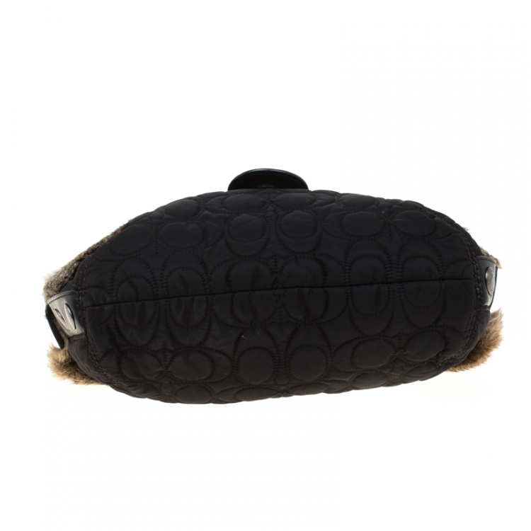 Pre Owned Coach Black/Brown Signature Nylon and Rabbit Fur Hobo