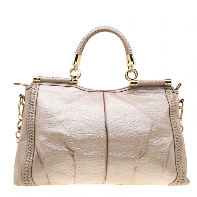 Pre Owned Coach Beige Woven Leather Dowel Caroline Top Handle Bag