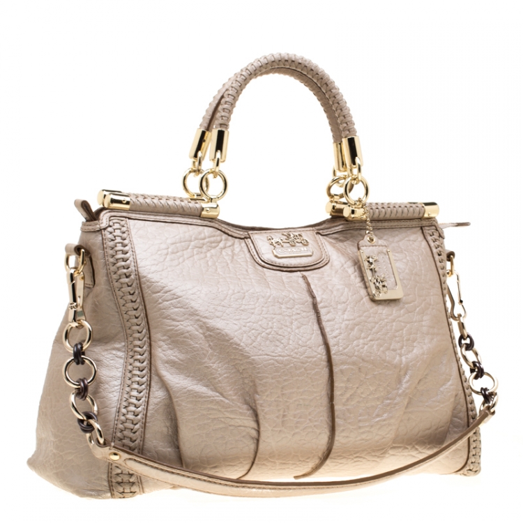 Pre Owned Coach Beige Woven Leather Dowel Caroline Top Handle Bag