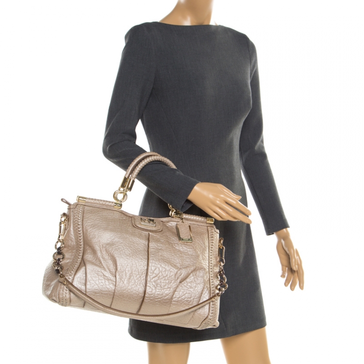 Pre Owned Coach Beige Woven Leather Dowel Caroline Top Handle Bag
