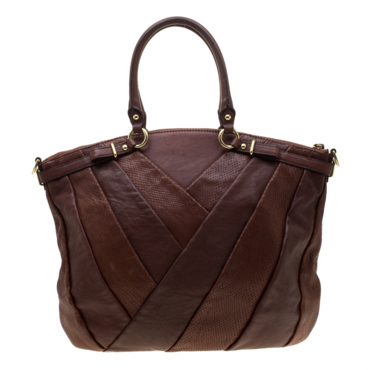 Pre Owned Coach Dark Brown Diagonal Pleated Python Embossed Leather Lindsey Top handle Bag