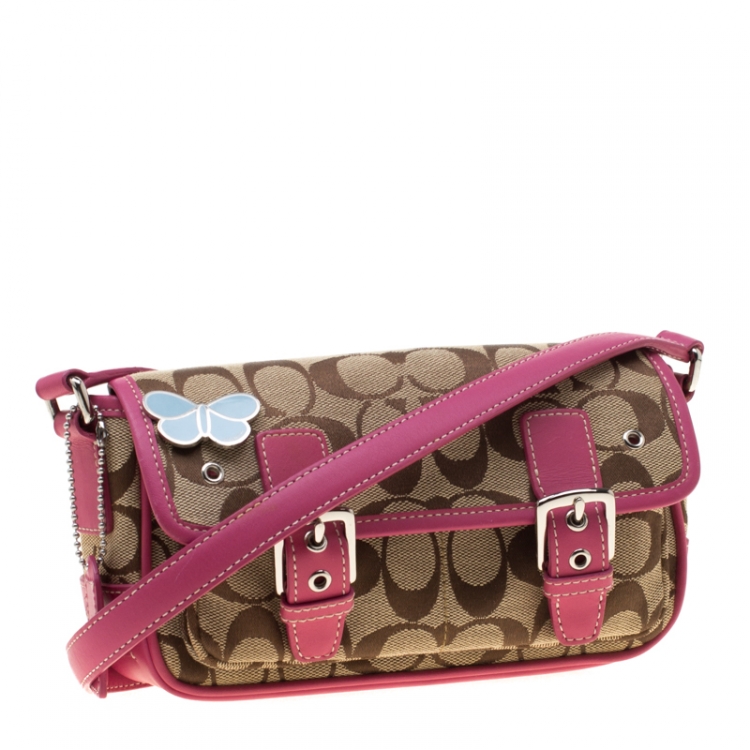 Pre Owned Coach Pink/Beige Signature Canvas and Leather Crossbody Bag
