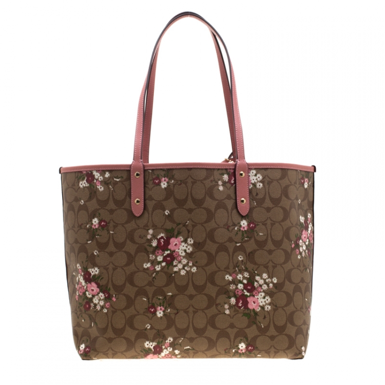 Pre Owned Coach Brown/Pink Floral Print Coated Canvas Reversible City Tote
