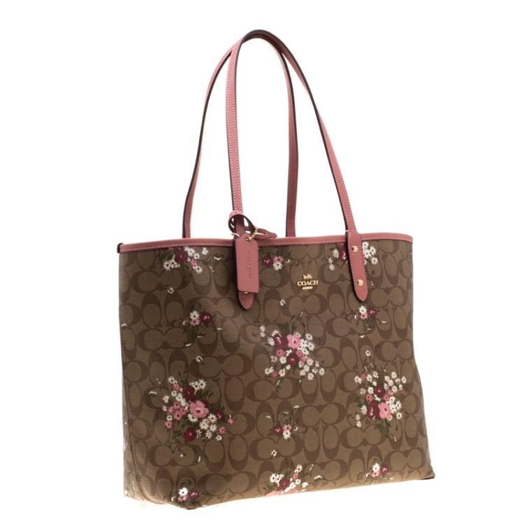 Pre Owned Coach Brown/Pink Floral Print Coated Canvas Reversible City Tote