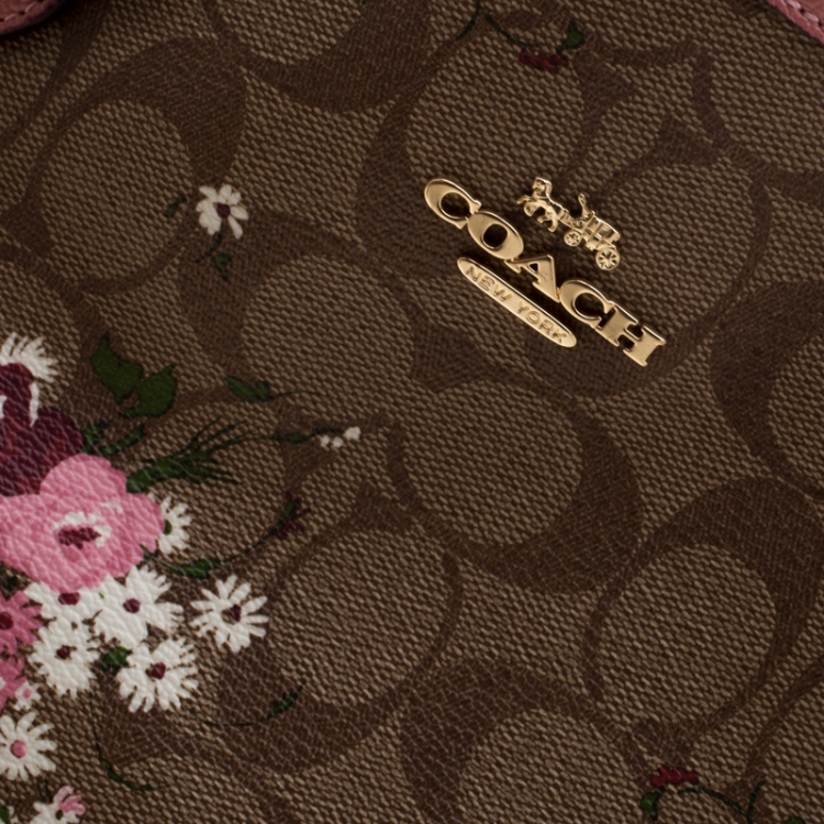 Pre Owned Coach Brown/Pink Floral Print Coated Canvas Reversible City Tote