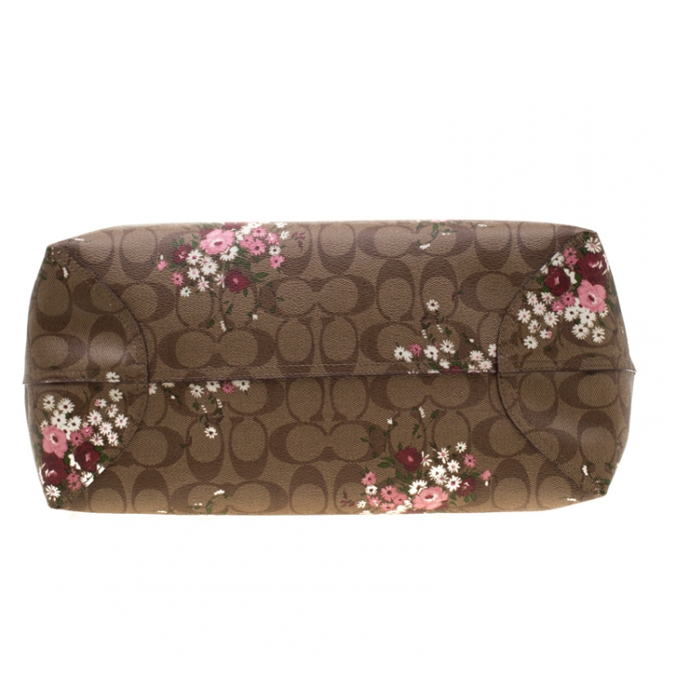Pre Owned Coach Brown/Pink Floral Print Coated Canvas Reversible City Tote