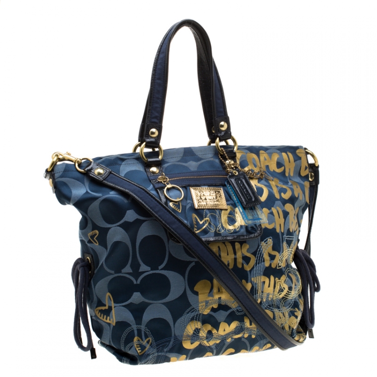 Pre Owned Coach Blue/Gold Signature Canvas Poppy Graffiti Glam Tote